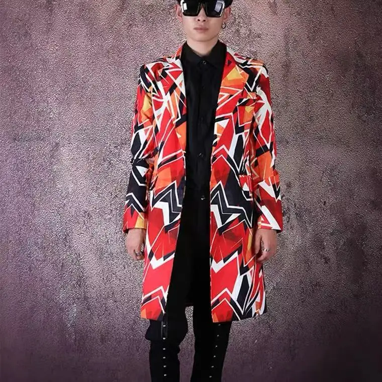 هندسية اللون طباعة الرجال عارضة بدلة طويلة سترة ملهى ليلي بار المغني العصرية مصفف شعر معطف الهيب هوب الرقص مرحلة الملابس #6