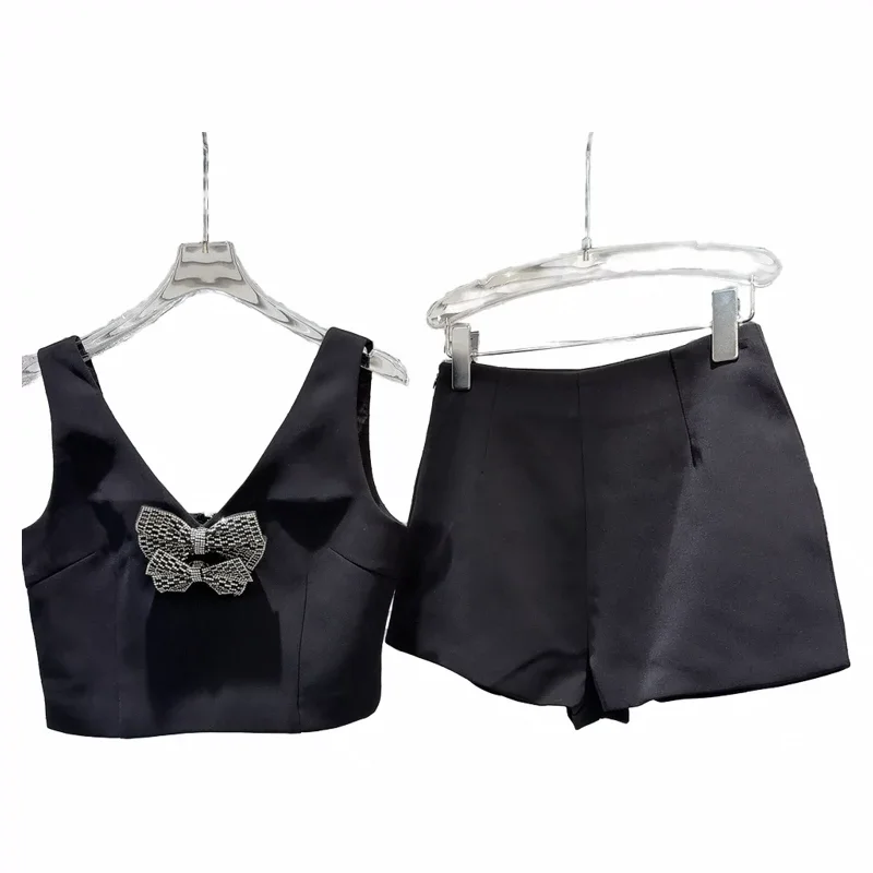 2024 Summer New Classic Style Rhinestone Bow Pin Vest + Suit Shorts 2 Piece Suits Women's Elegant Outfits White Black