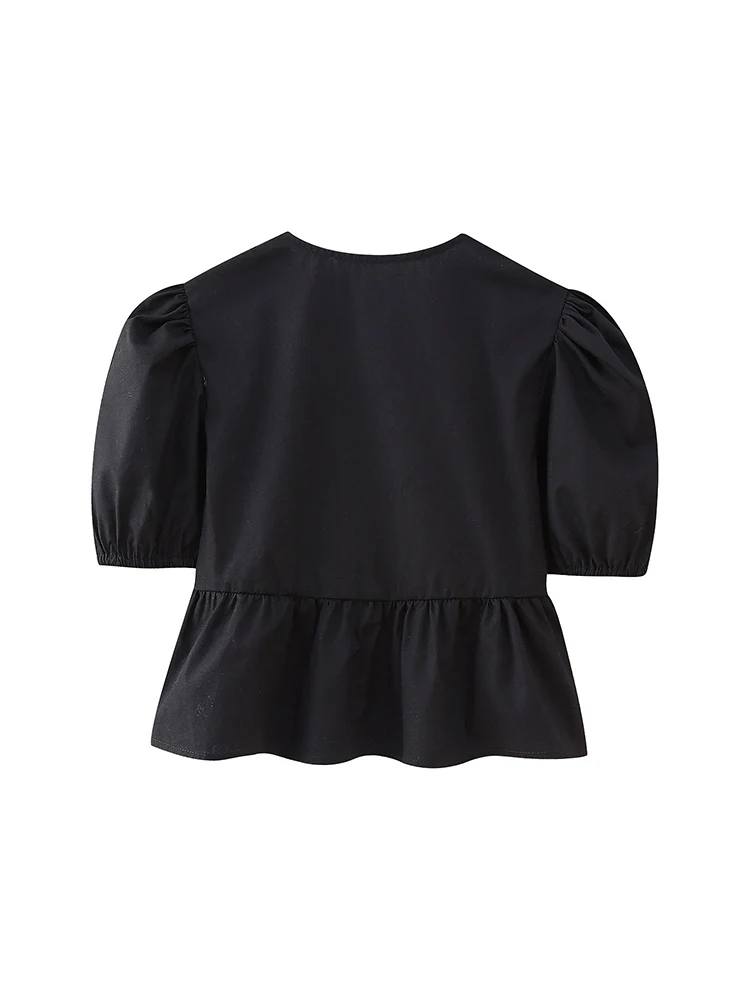 Chemise évidée à manches courtes pour femmes, chemisier décontracté à col rond, chemisier à lacets, streetwear féminin chic, monochrome, mode, 2024