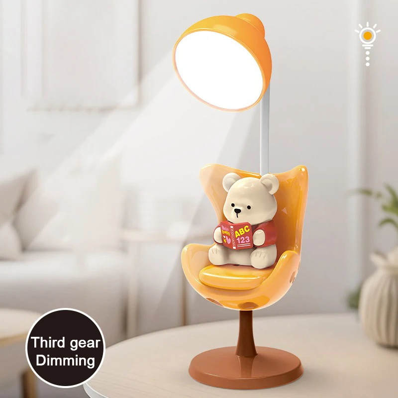 Creative Cute Bear Flexible Led Study Desk Lamp with Phone Holder Bedside Color Adjust Table Lamp for Kids Student Room