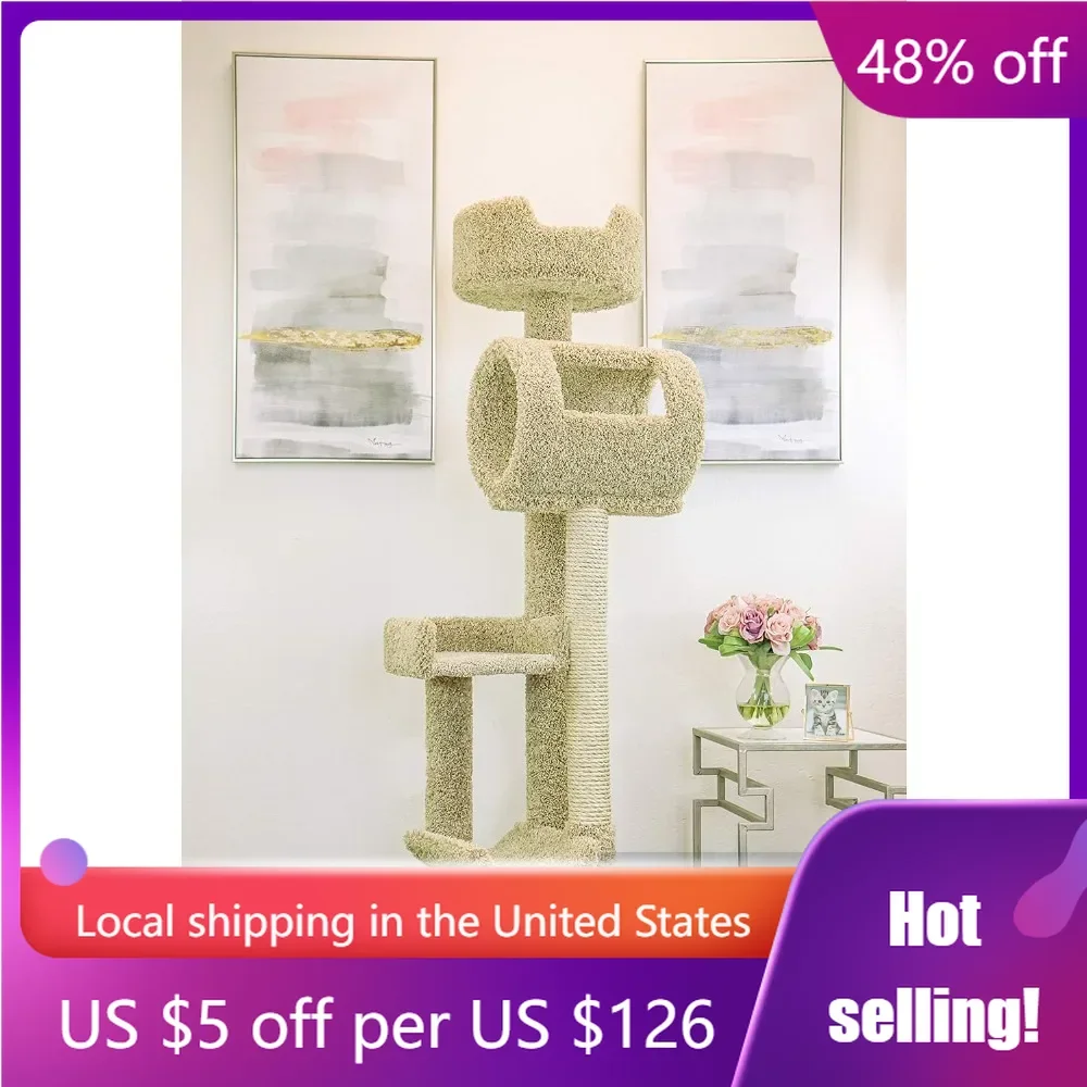 

Solid Wood Climbing Cat Tree, Crafted from solid wood, Cat Tunnel is fully carpeted on the inside for your cat's comfort,Beige