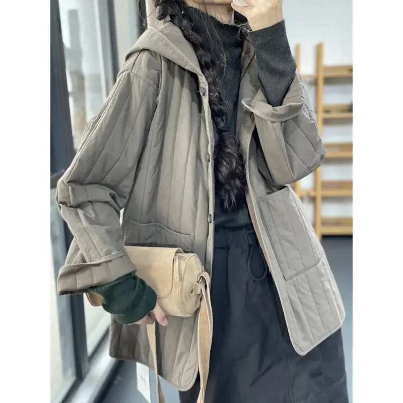 Jaqueta feminina acolchoada de algodão acolchoada de alto nível, parka vintage com capuz, jaqueta casual solta, japonesa, outono, inverno