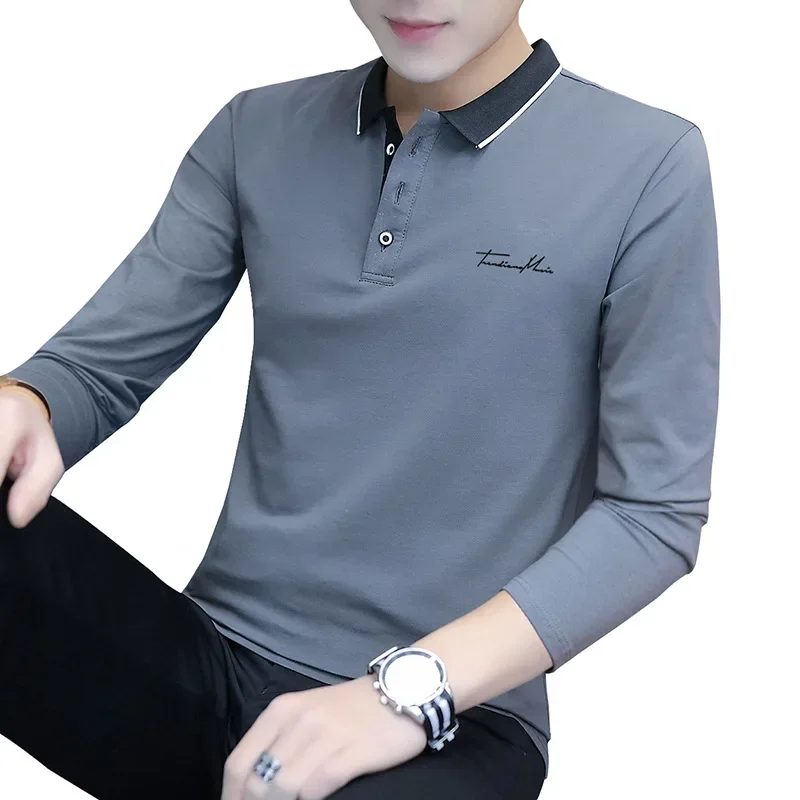 Spring and Autumn New Casual Men\'s Long-sleeved T-shirt Men\'s Polo Bottoming Shirt Elastic Lapel Men\'s T-shirt Tops