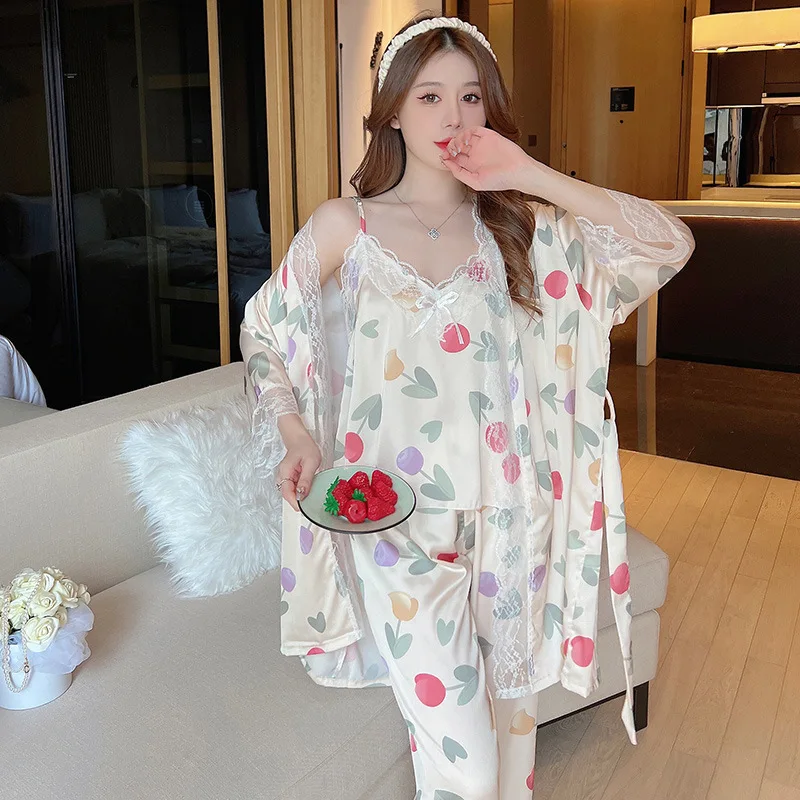 

Women's Pajamas Set Robe Suspender Trousers Nightwear Three-piece Set Nightgown Sexy Lace Edge Casual Home Clothes Sleepwear