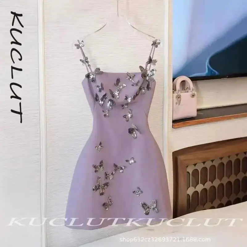 

KUCLUT 2025 New Spaghetti Strap Butterfly Sequin Embellished Bodycon Short Length Women Dress Glamorous Catching Dresses Female