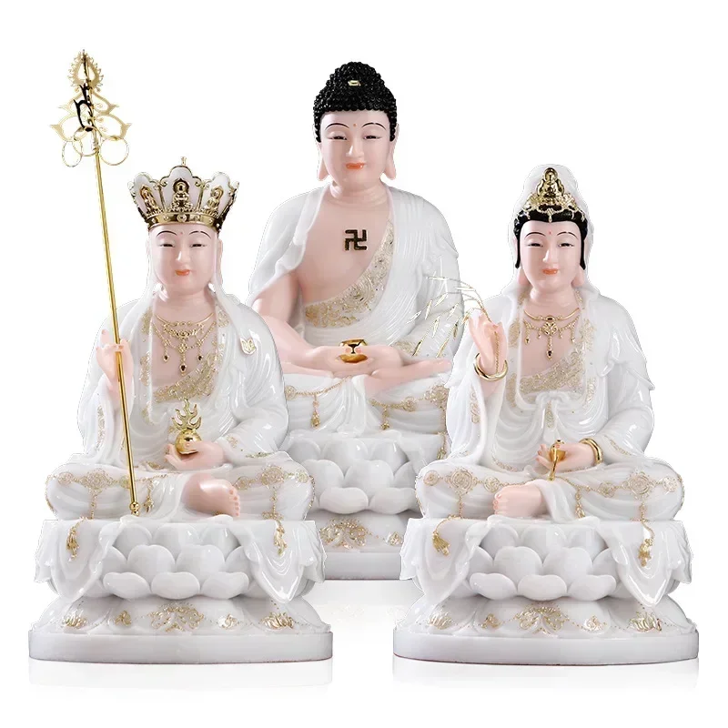 FX-1   pink and white jade inlaid with gold Saha Three Saints Buddha statue home Guanyin Kizang King ornament Sakya