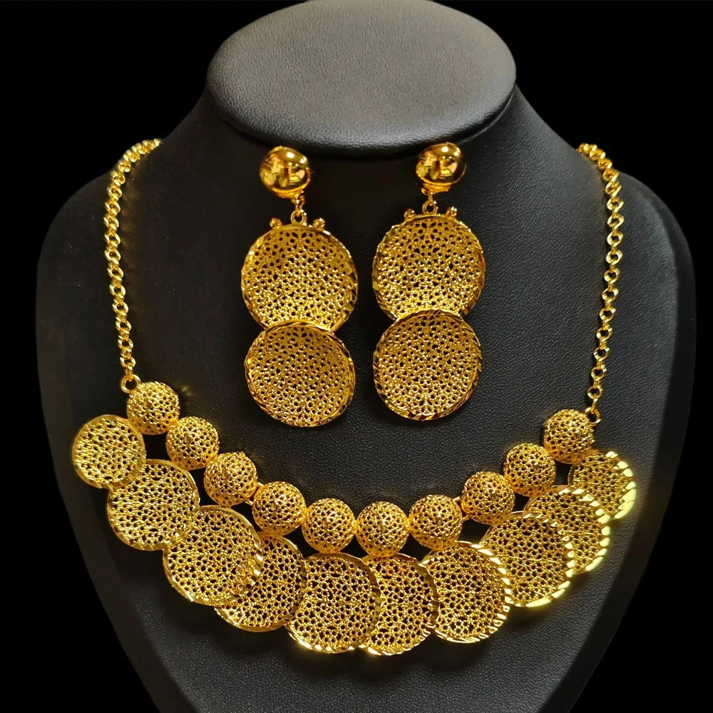 

Dubai Jewelry Women Earring Gold Color Necklaces African Earrings Fashion Lady Designs Circle Shape Necklace Hot Sale Classics