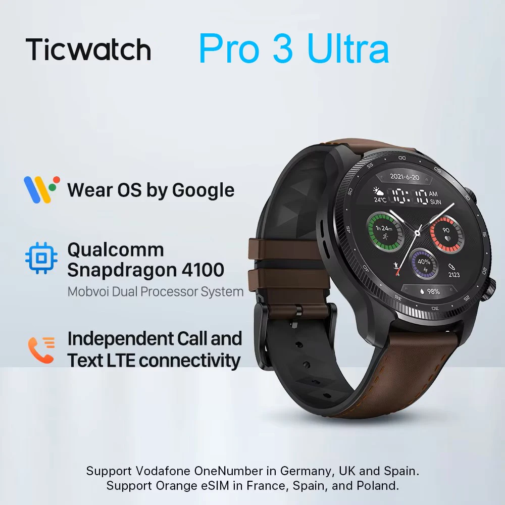 ساعة TicWatch Pro 3 Ultra LTE (تجديد) الرياضية الخارجية معدل ضربات القلب/الأكسجين في الدم/نظام تحديد المواقع/ساعة ذكية بلوتوث ملابس 4100 دفع NFC