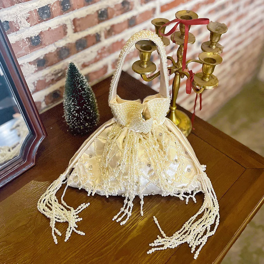 

Handmade Pearl Bead Handbag Tassel Bucket Luxury Silk Bag Women Woven Party Wedding Evening Small Box Basket Bag