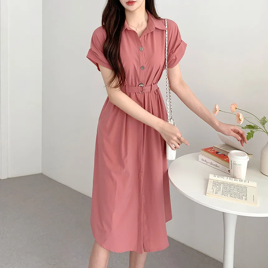Women's Summer New Lace Up Short Sleeved Long Shirt Dress
