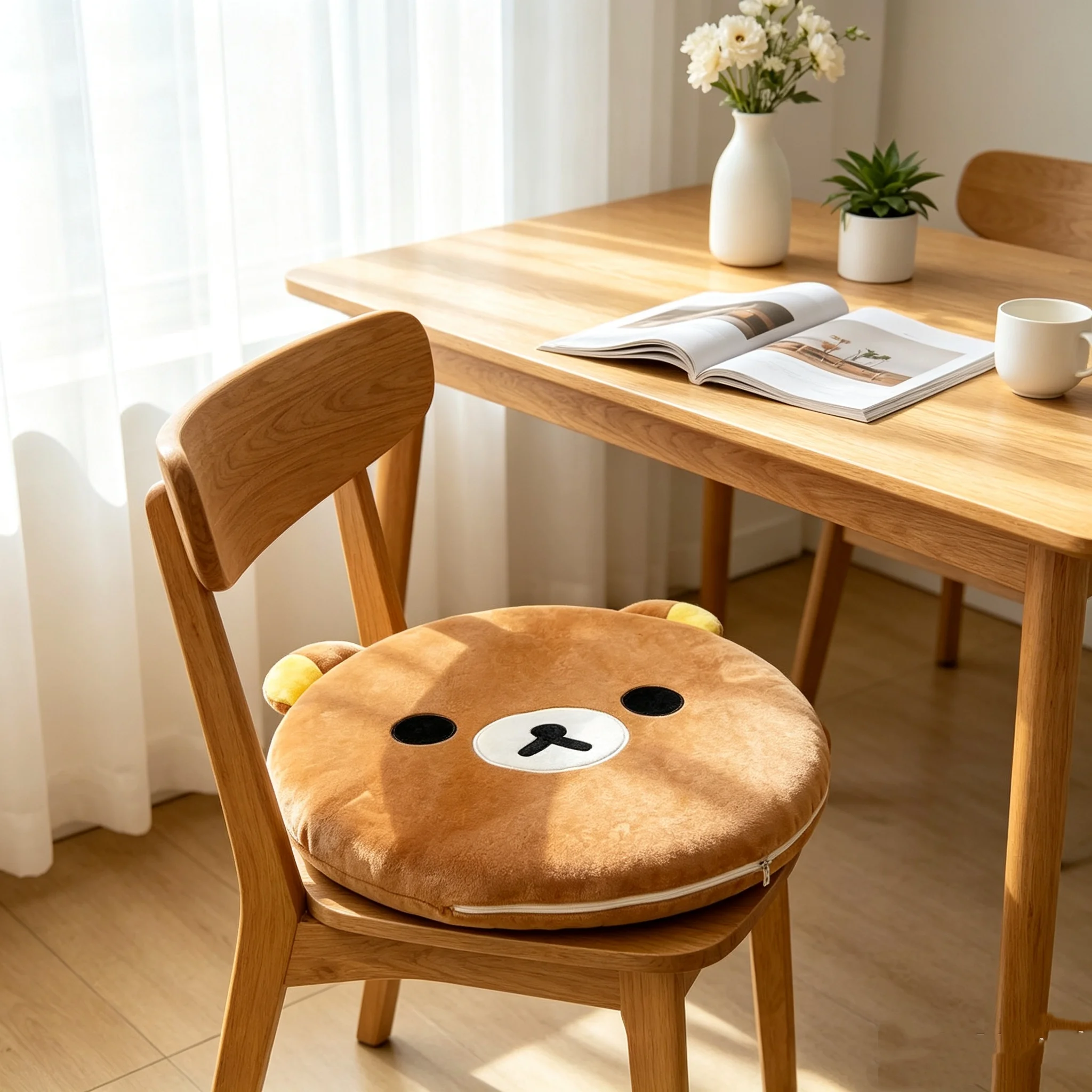 Kawaii Rilakkuma Bear Round Plush Seat Cushion, Soft Memory Foam Chair Pad with Removable Washable Cover, Cute Cartoon Seat Pill