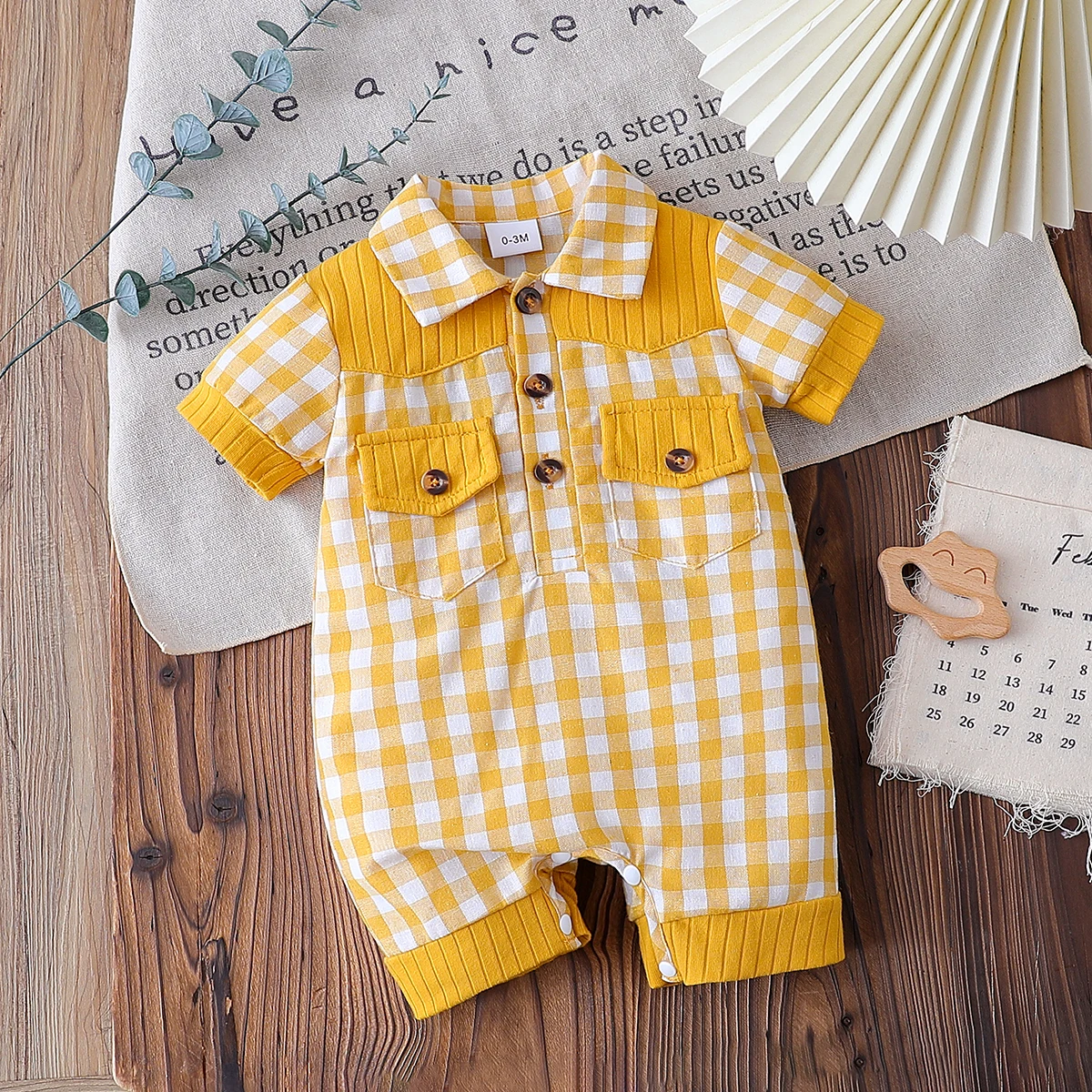 Summer Yellow Infant Baby Unisex Boys Girls Romper Plaid Print Short Sleeve Button Front Jumpsuit Daily Casual Clothes For 3-18M