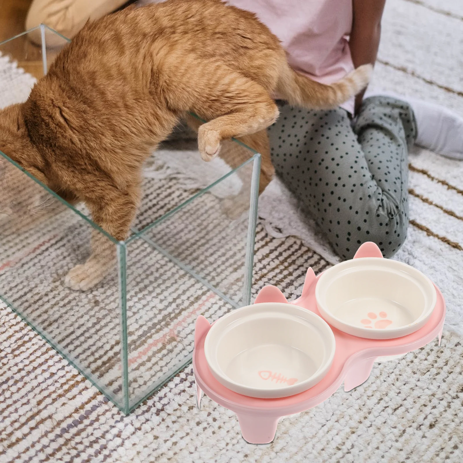 

Household Cat Bowl Bowls Elevated Anti-slip Ceramic Dog Floor Pet with Bamboo Rack Accessory