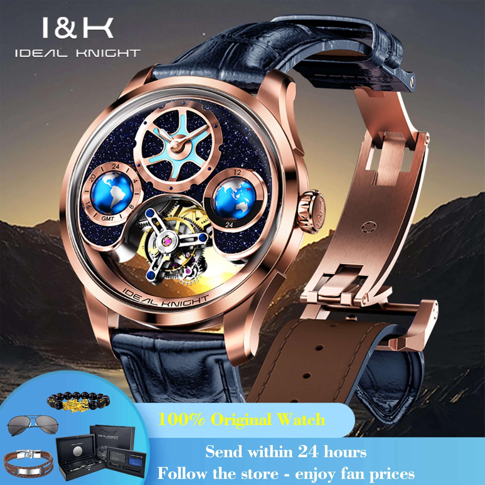 

IDEAL KNIGHT 6805 Man Watch Sapphire Mirror Mechanical Watch For Men Blue Earth Dial Tourbillon Clock Two Location Time Display