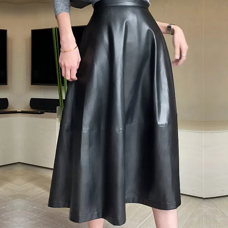 Women High Waist Long Leather Skirt With Button A Line Black Midi Soft Light Faux Leather Skirts for Female Spring Autumn