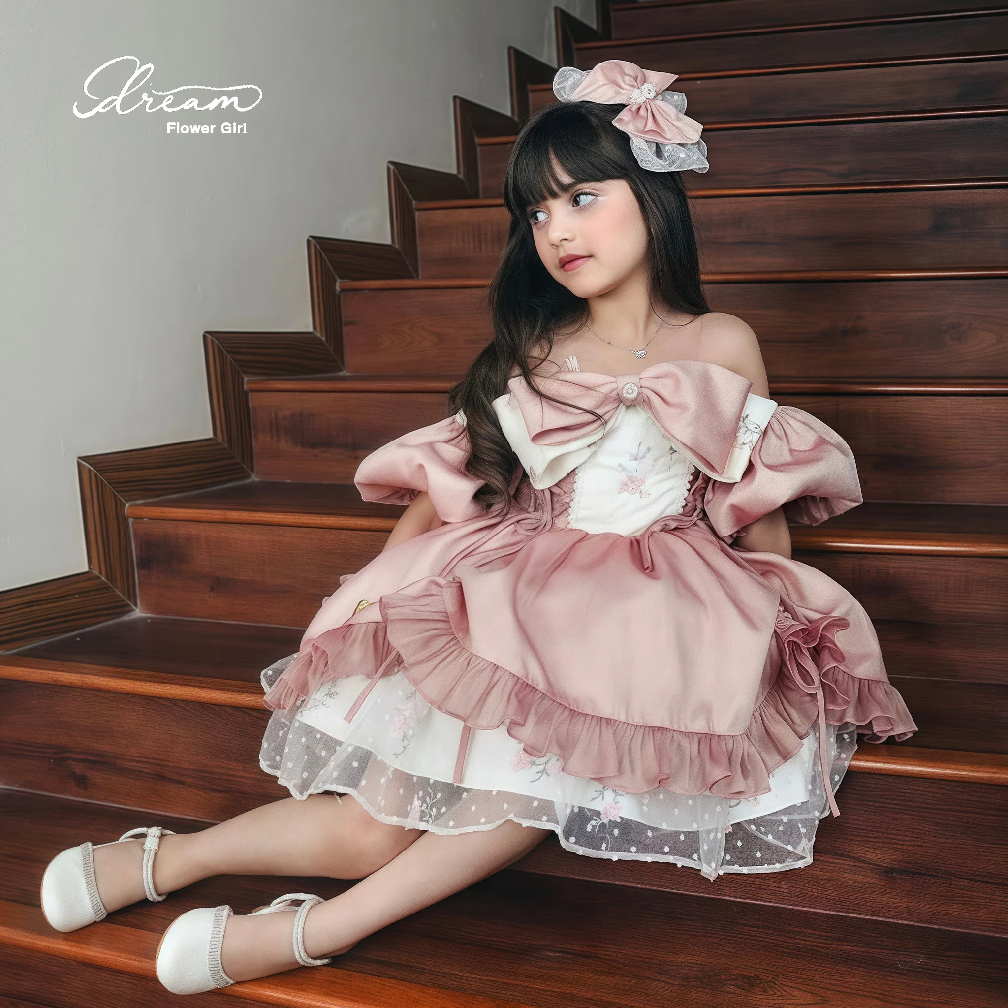 Girls' pink off-the-shoulder strapless puffy knee-length formal party dress with white polka-dot lining
