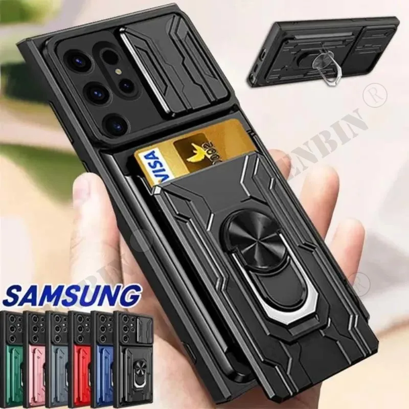 

Shockproof Case For Samsung S24 S23 S22 S21 Ultra Plus FE A55 A35 A25 A15 A23 Stand Ring Camera Military Grade Card Slot Cover