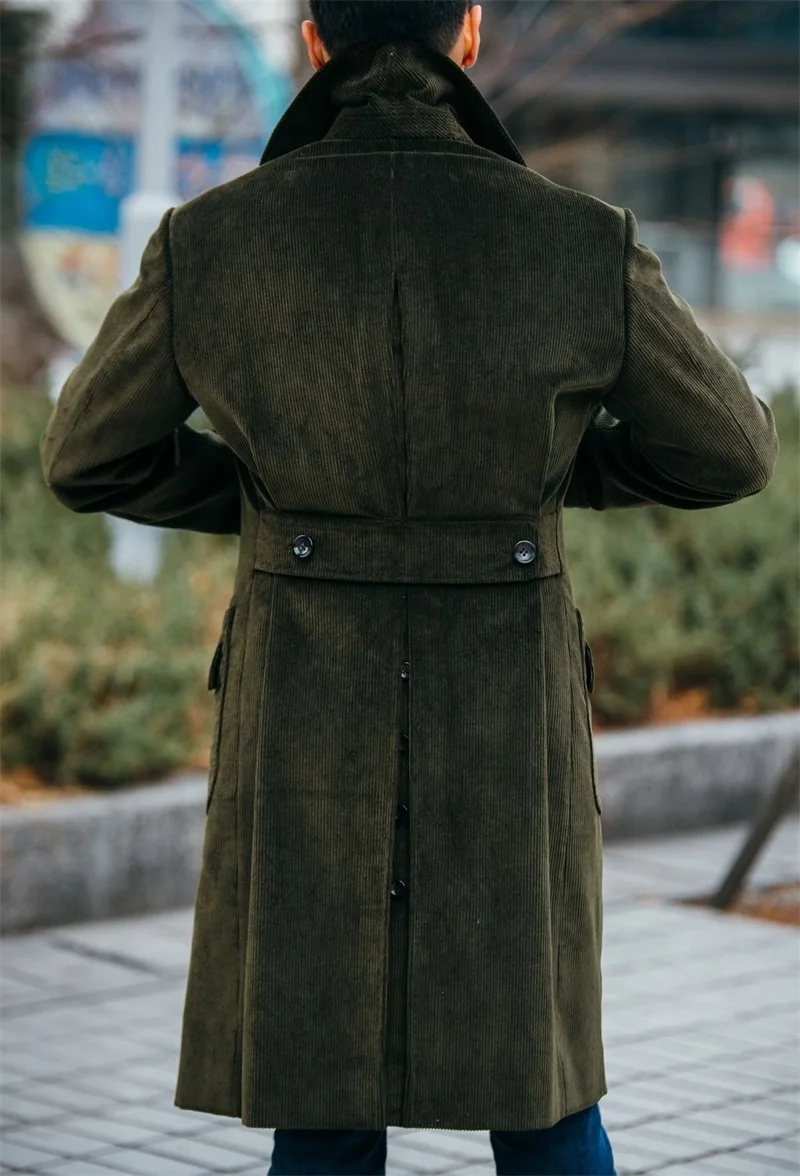 Abito da uomo verde scuro Blazer lungo soprabito giacca invernale in velluto a coste cappotto spesso caldo doppio petto formale abito da ufficio su misura