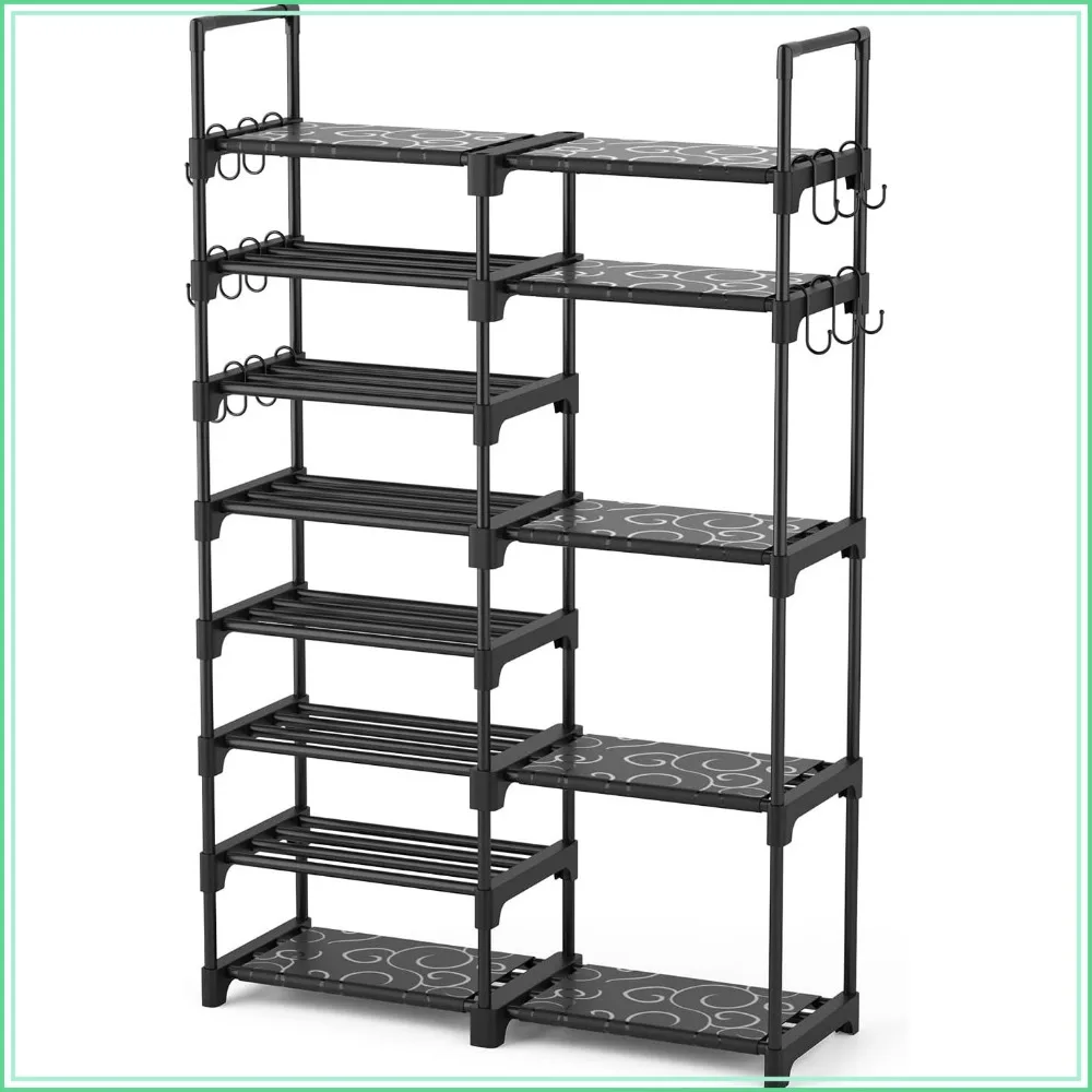 8-Tier Metal Shoe Rack for 26-32 Pairs, Tall Boot Storage Shelf with 15 Hooks, Stackable for Closet Entryway Garage