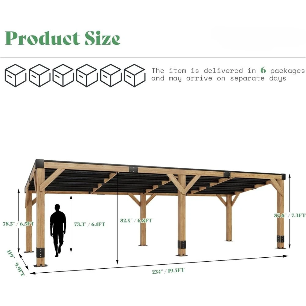 10 x 20 FT Spruce Wood Hardtop Gazebo with Sloped Galvanized Steel Roof, Heavy Duty Outdoor Pergola with Bar Shelf for Grill