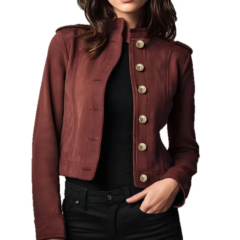 Women Suede Jacket Autumn Solid Casual Bomber Coat Long Sleeve Classic Button Jackets Vintage Lady Short Motorcycle Outwears Y2k