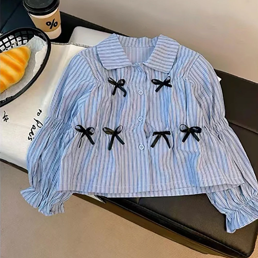 Girls\' Shirt half Skirt Set 2024 Summer New Children\'s Long Sleeve Bow Striped Shirts Black Elastic Waist A-line Cake Skirts