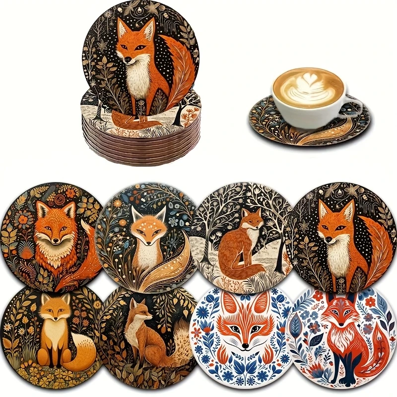 8pcs 2D Bohemian Style Vintage 4in Wooden Coasters Colorful Fox Pattern Coffee Tea Cups Home Decor Christmas New Year Party Gift