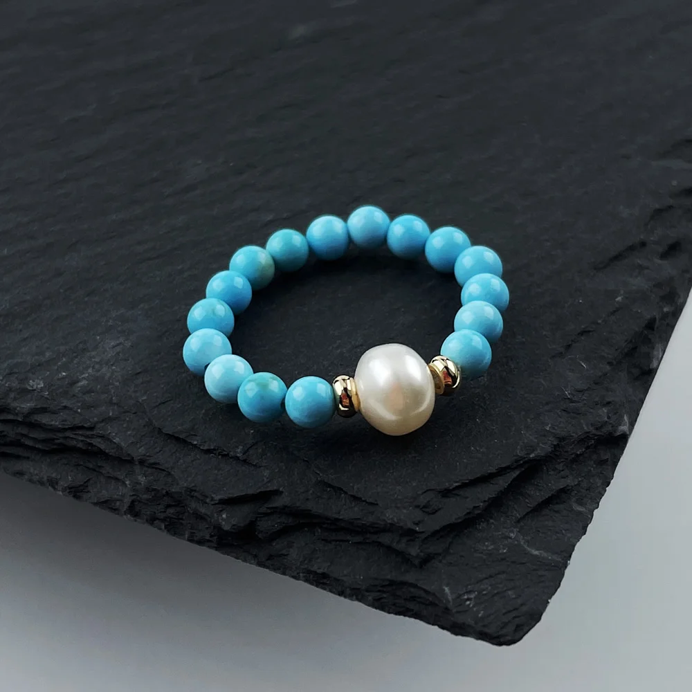 Anillos de perlas naturales de agua dulce para mujer, pequeños anillos redondos con cuentas de piedra turquesa azul, joyería, regalos de fiesta bohemios