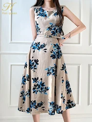 H Han Queen Summer Dresses Korean Vintage Prints Vestidos Elegant Slim Office Party Casual Midi Dress Woman Clothing With Belt