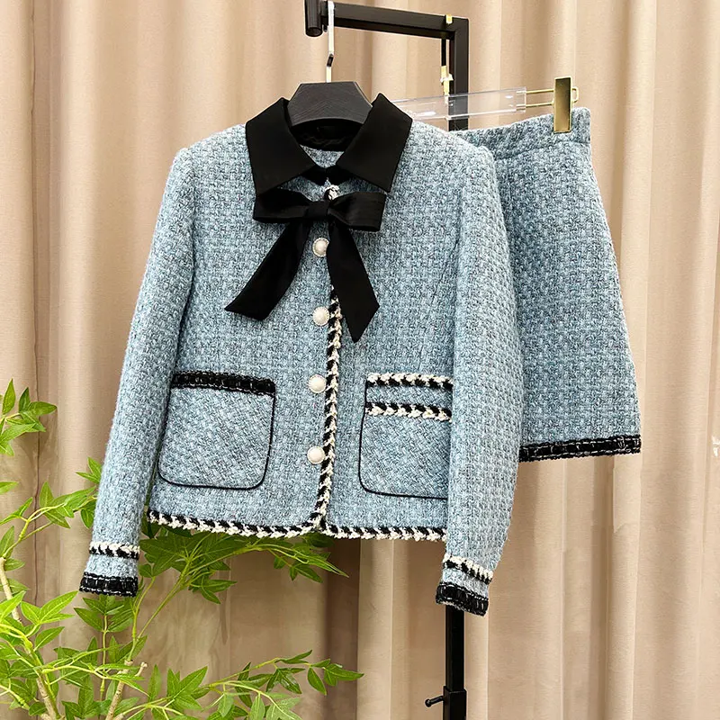 2025 new fashionable lapel bow celebrity high-end temperament design tweed jacket + skirt suit