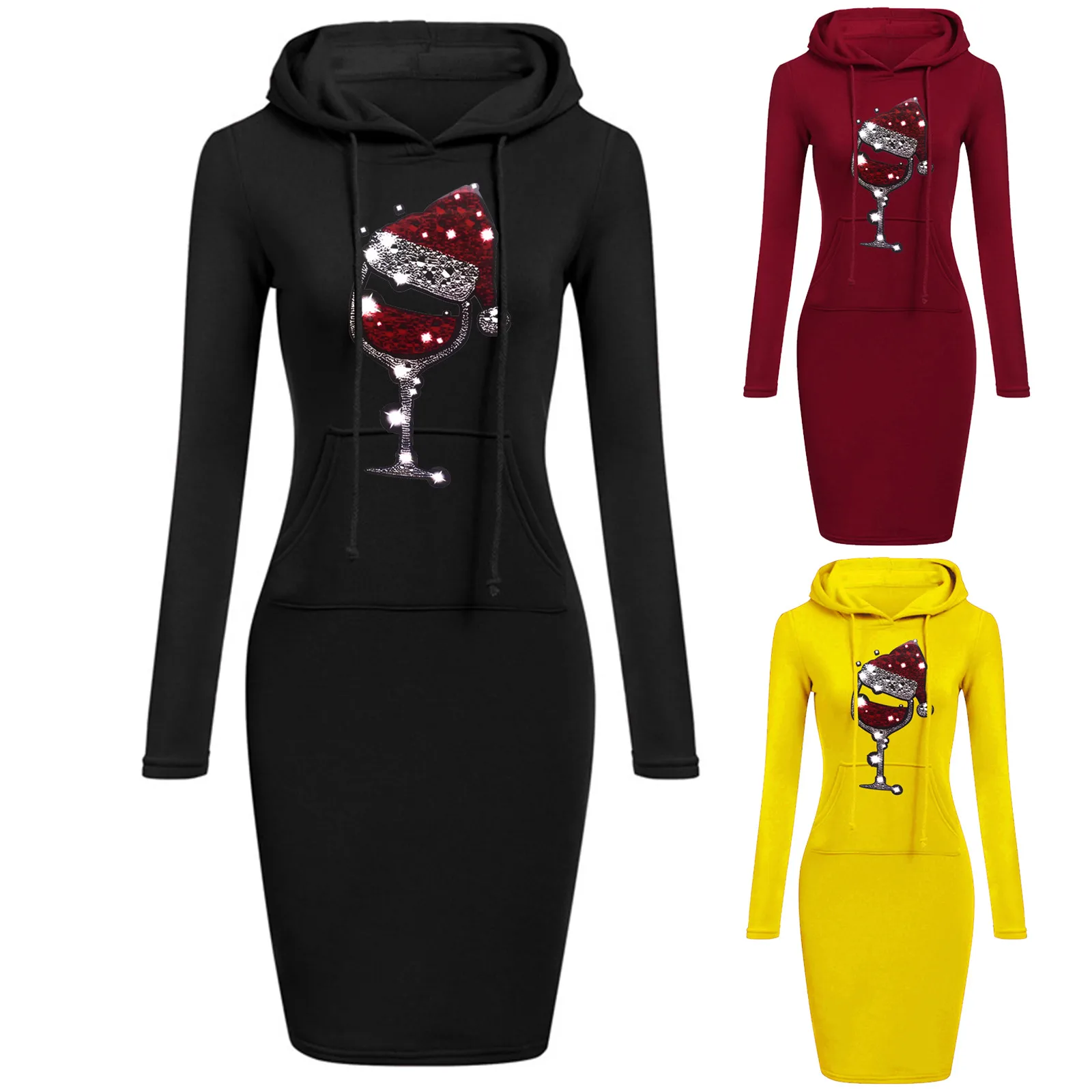 

Ladies Long Sleeve Drawstring Lightweight Midi Pullover Dresses Casual Christmas Printing Hooded Long Sweatershirts with Pockets