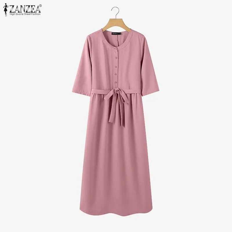 

Минималистичное женское платье-миди трапециевидной формы, повседневное однотонное платье с круглым вырезом и половиной рукава, с поясом, весна-лето, ZANZEA, женская одежда 3XL