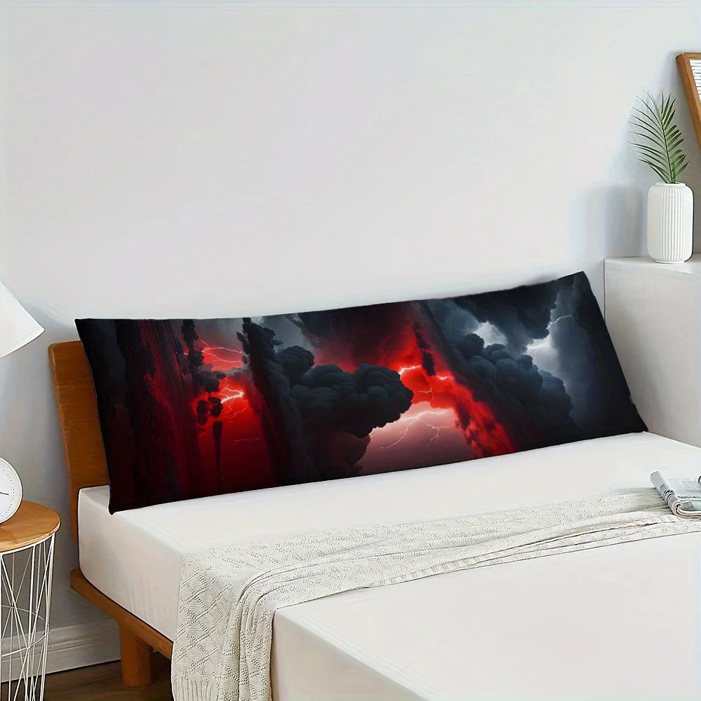 1pc Extra Long Bed Pillow - Modern Contemporary Style, Red/Black/Gray/Cloud Color Palette - Machine Washable Polyester - Zipper