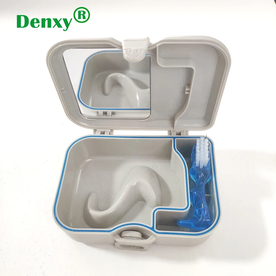 Denxy 1pc Denture Storage Box with Brush and Mirror High-quality Portable Teeth Storage Case Dental Organizers