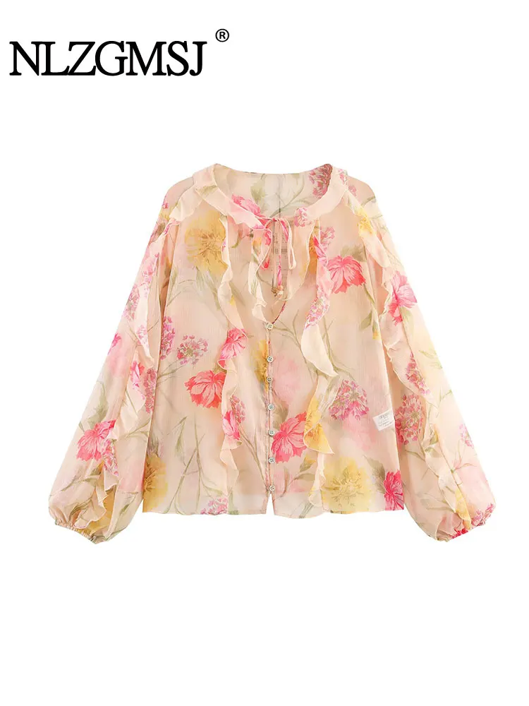 

NLZGMSJ Casual Chic Women Blouse Print Tierred V-Neck Long Flare Sleeve Loose Shirts New Fashion 2025 Autumn Blouses