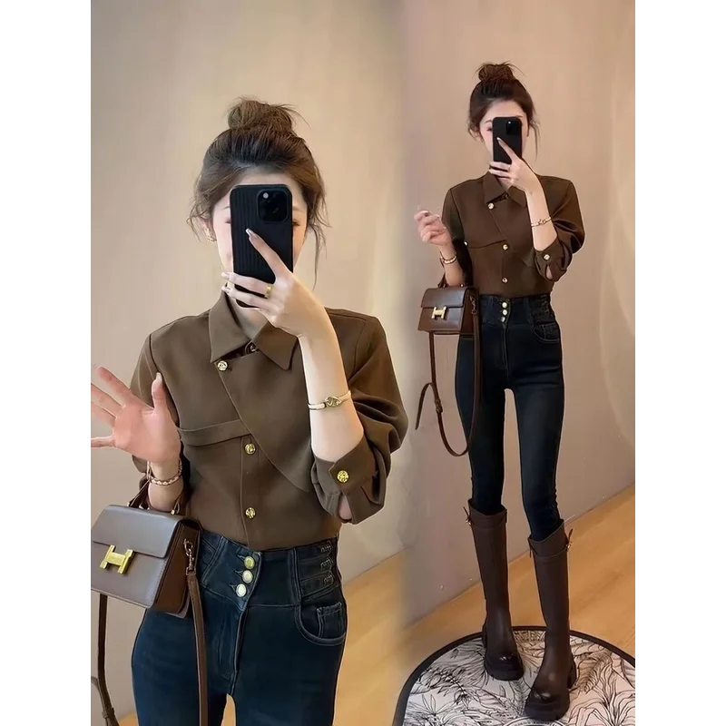 Stylish Long Sleeve  Collar Women's Shirt Inner Wear Autumn Fashion Trend Straight Cut Single Piece Regular Thickness