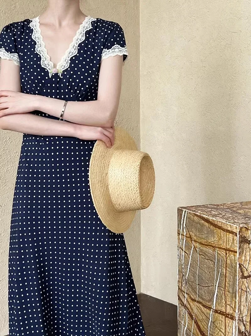 Women's V Neck Polka Dots Midi Dres With Lace Trim In Navy