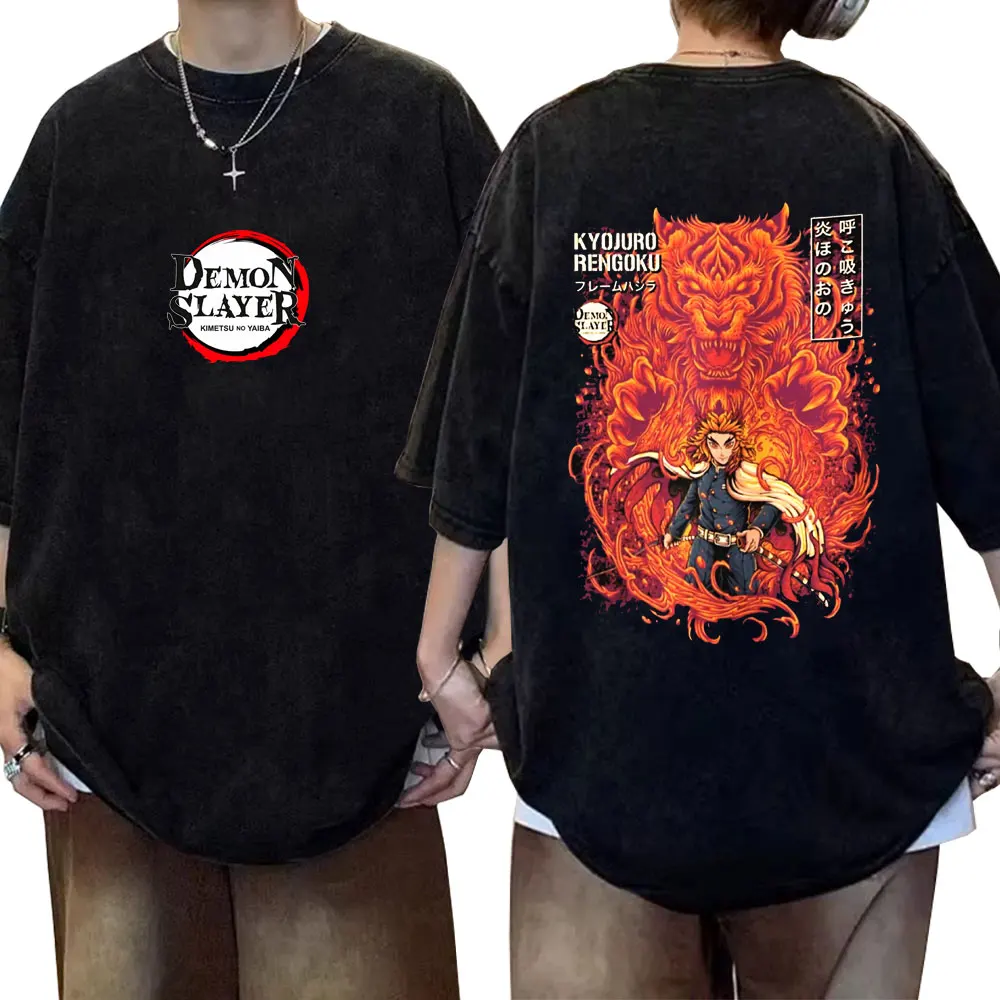 

Anime Demon Slayer Rengoku Kyoujurou Vintage Washed T-shirt Men Women Clothing Manga Short Sleeve T-shirts Cartoon Lovers Gift