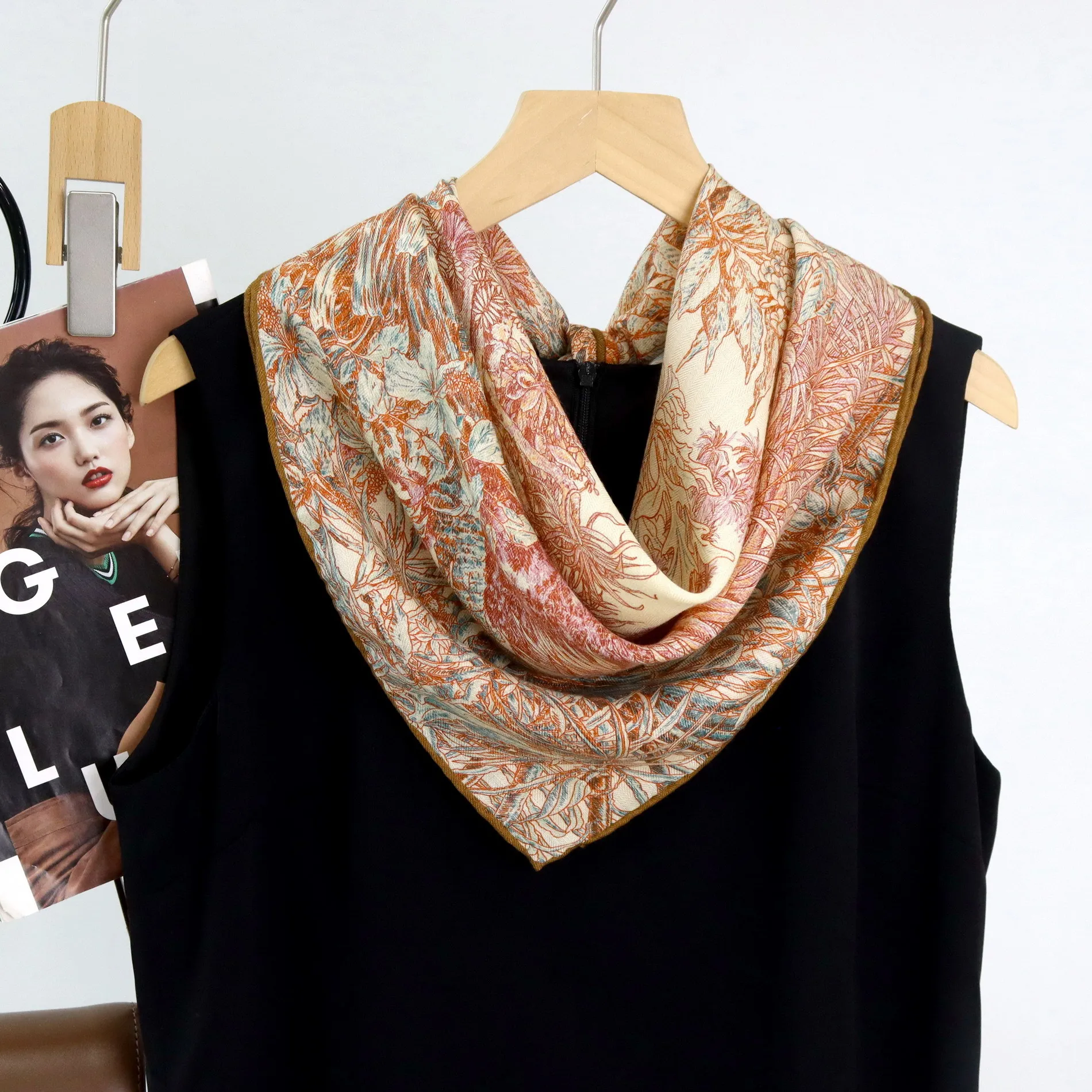 

30% Silk 70% Wool Neck Scarves for Women Bohemian Orange Leaves Print Square Scarf Boho Designer Accessories