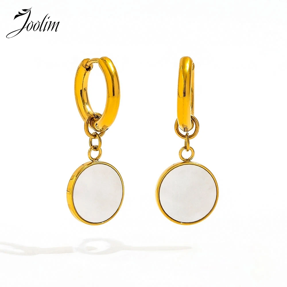 

Joolim Jewelry High Quality PVD Wholesale Fashion Elegant Round Shell Dangle Pendant Huggie Stainless Steel Earring for Women