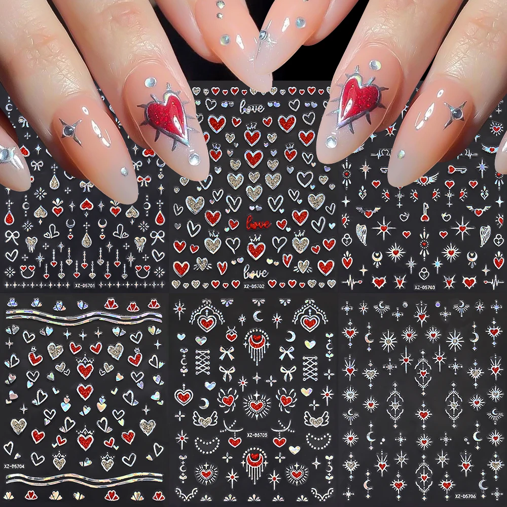 6/8 Stuks Laser Zilver Liefde Hart Nail Sticker 3D Zon Maan Sterrenlicht Lijm Decals Valentijnsdag sliders Manicure Decoratie