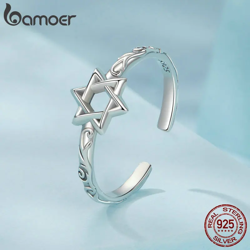 BAMOER 925 Sterling Silver Star of David Adjustable Ring, Religous Retro Pattern Jewelry Christmas Birthday Gift for Women