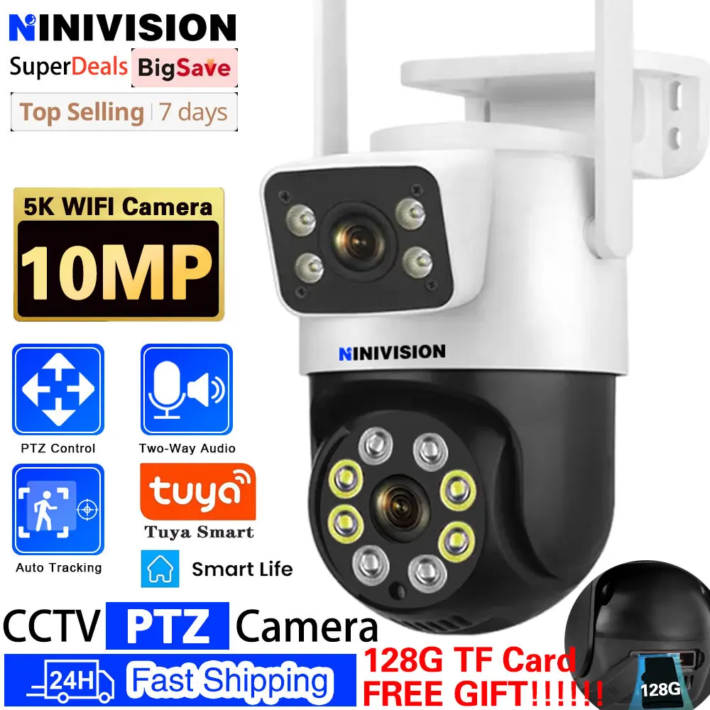 NINIVISION Outdoor 10MP 5K Dual Lens WiFi IP Camera Tuya Smart PTZ Wireless Home Security CCTV Video Surveillance Auto Tracking