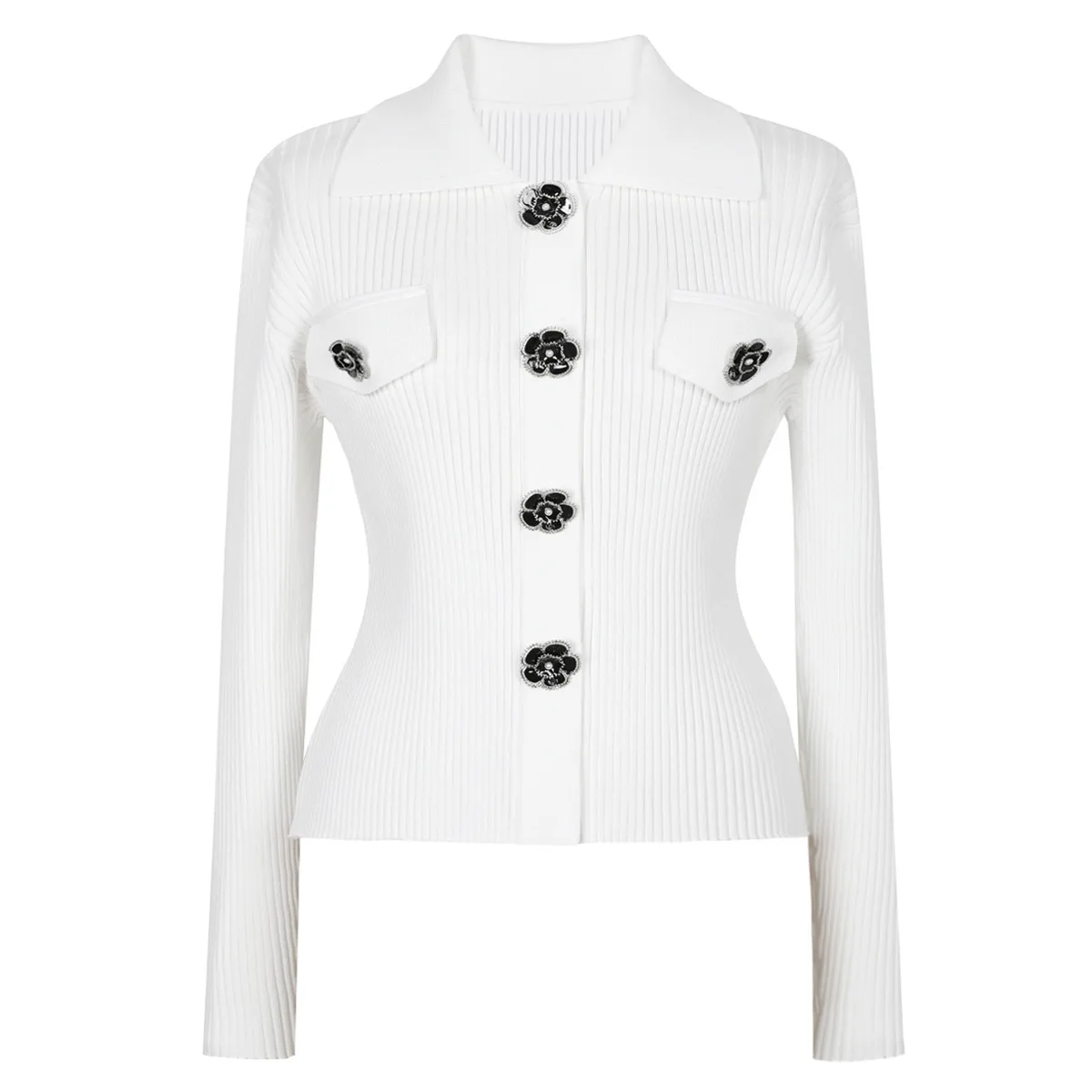 

Luxury Knitted Cardigan Women Summer Autumn Single Breasted Flower Button Crystal Long Sleeve Sweaters Office Lady Work Wear