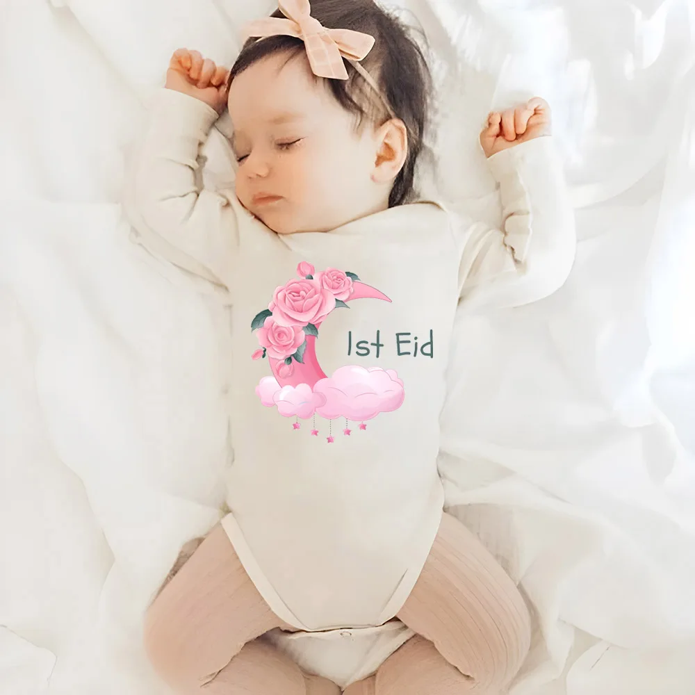 My 1st Eid Baby Bodysuit Moon Star Print Girl Infant Romper My First Eid Newborn Jumpsuit  Muslim Islamic Festival Gift To Babys