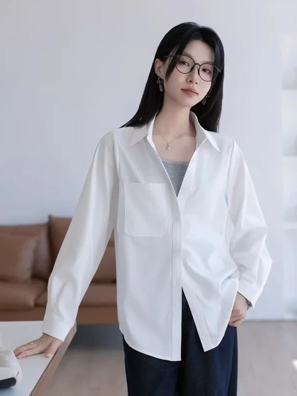 

Женская повседневная рубашка в корейском стиле, весна 2026, новый дизайн, свободный крой, в стиле BF, топ в стиле Lazy, высококачественный полиэстер, длинный рукав, с воротником