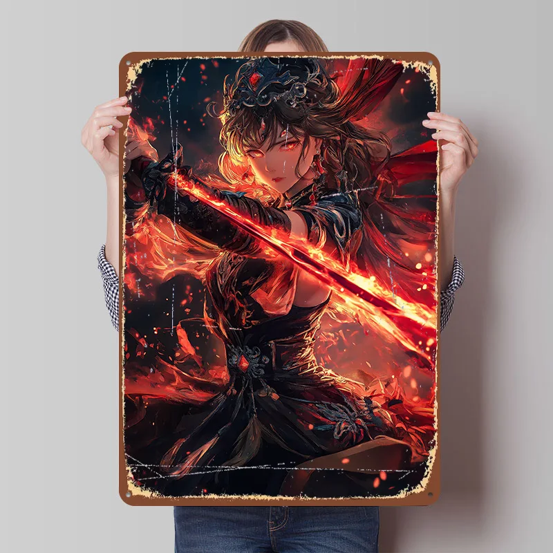 Fiery Anime Warrior Metal Poster Custom Wall Art Retro Vintage Tinplate Signs for Man Cave Decoration At Home Decor Accessories