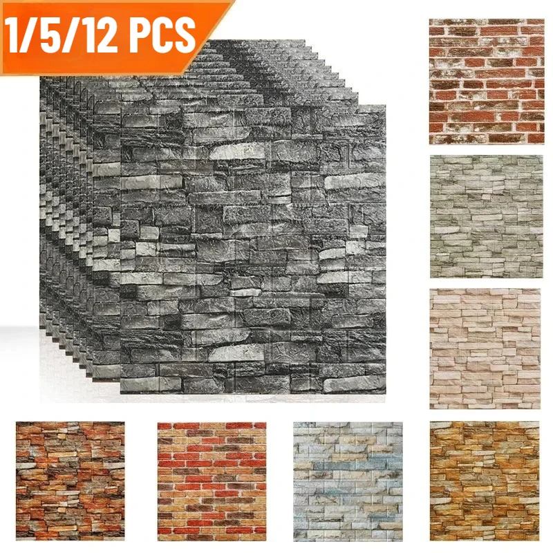 1/5/12pcs Foam 3D Wall Decor Sticker Waterproof Self-adhesive Brick Wallpaper DIY Living Room Wall Sticker Background for Office