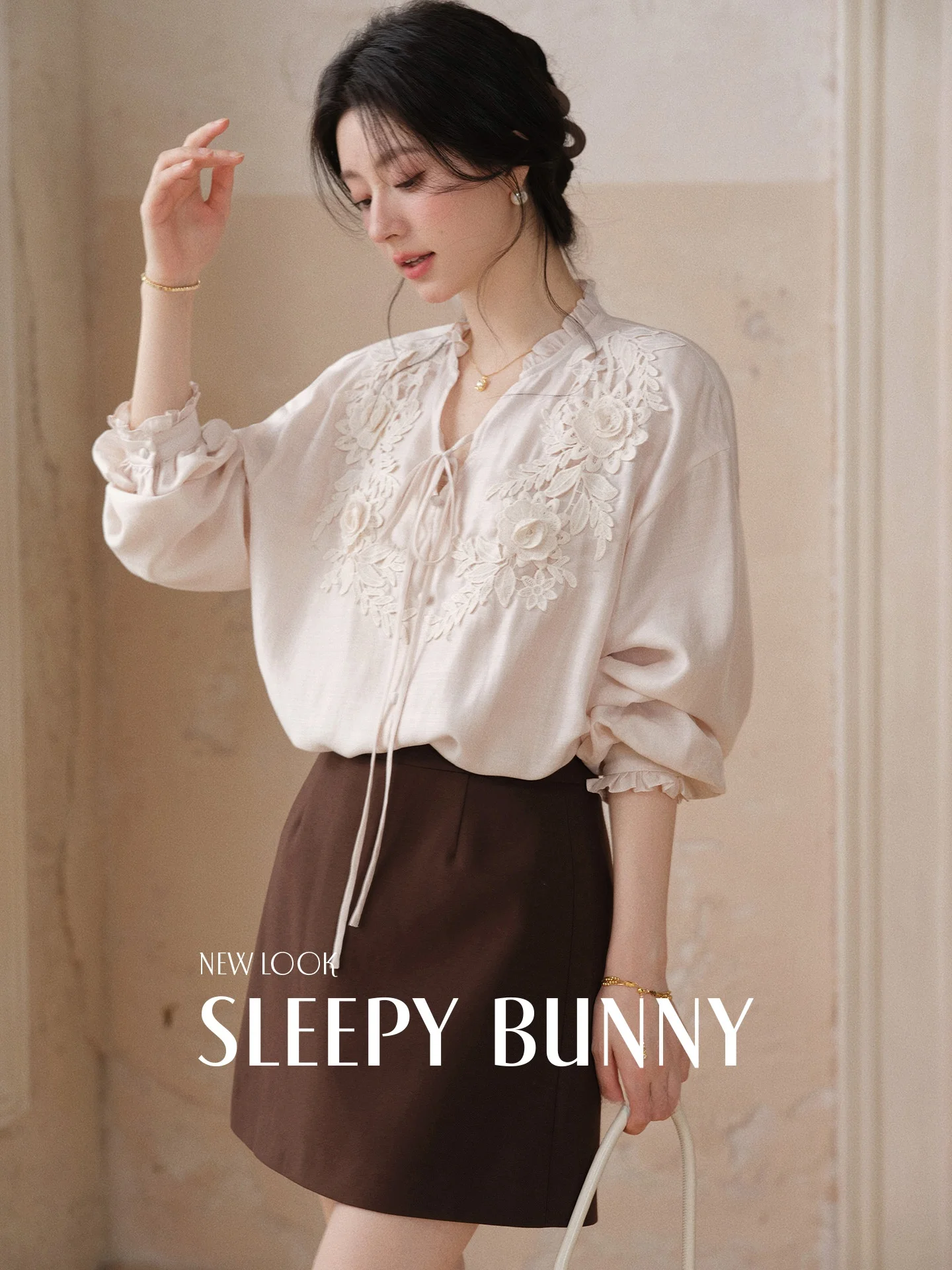 

Женская весенняя блузка Spybunny Heavyweight Lenzing с V-образным вырезом, вышивкой и кружевом, свободный крой, французский стиль, длинный рукав-фонарик