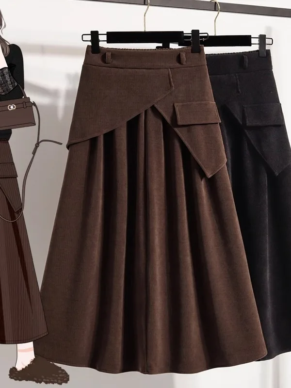 

High Waist A-Line Midi Skirt Women's Autumn Winter Casual Sle Drapey Coffee Color Versatile plus Size f-length Skirt
